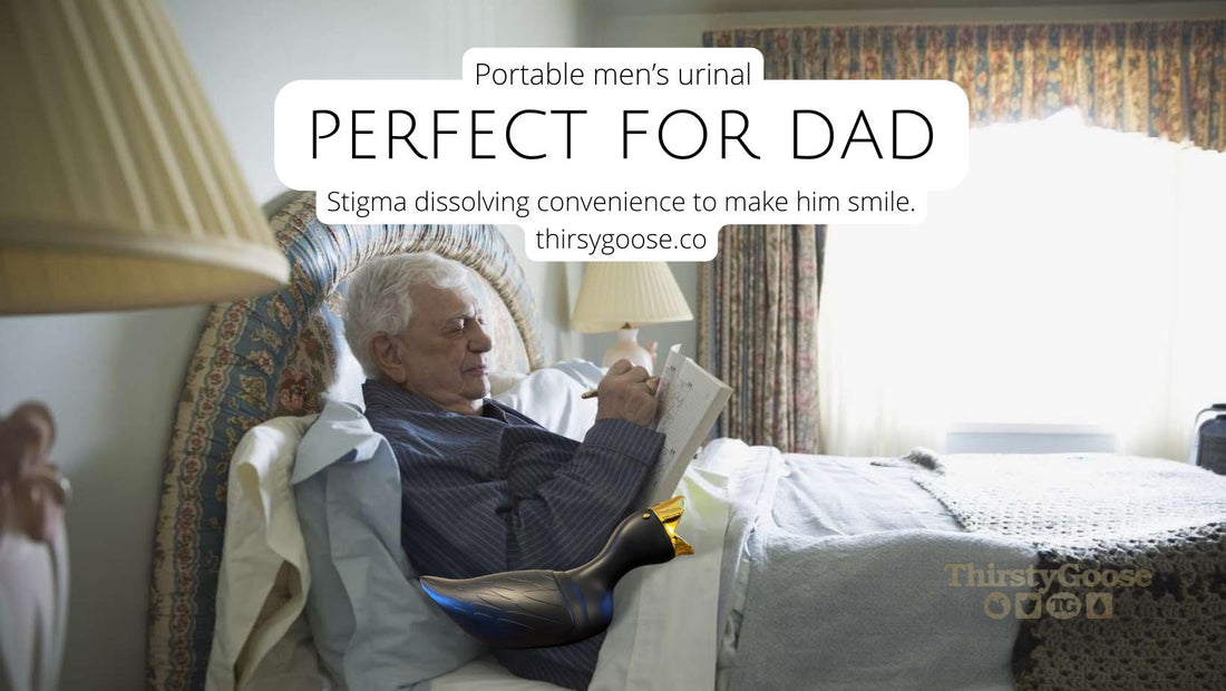 Elderly man laying in bed with his Thirsty Goose Urinal